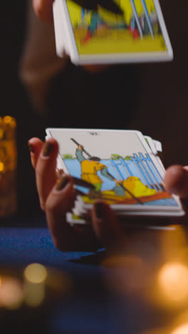 Vertical-Video-Close-Up-Of-Woman-Shuffling-Or-Cutting-Cards-For-Tarot-Reading-On-Candlelit-Table-1